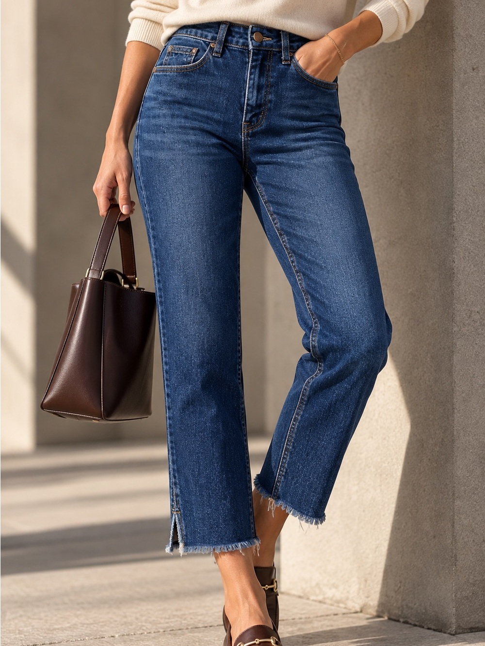 Judy Blue 5/27 Cropped Straight Leg Jeans Dark Wash Raw Frayed Hem Stretch